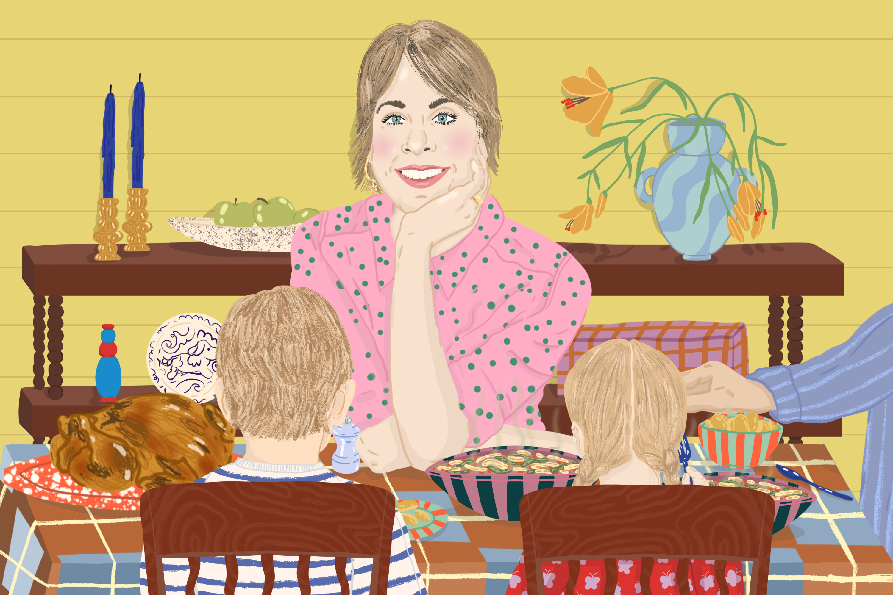 Leah Koenig sits at her dinner table with her family. Illustration.