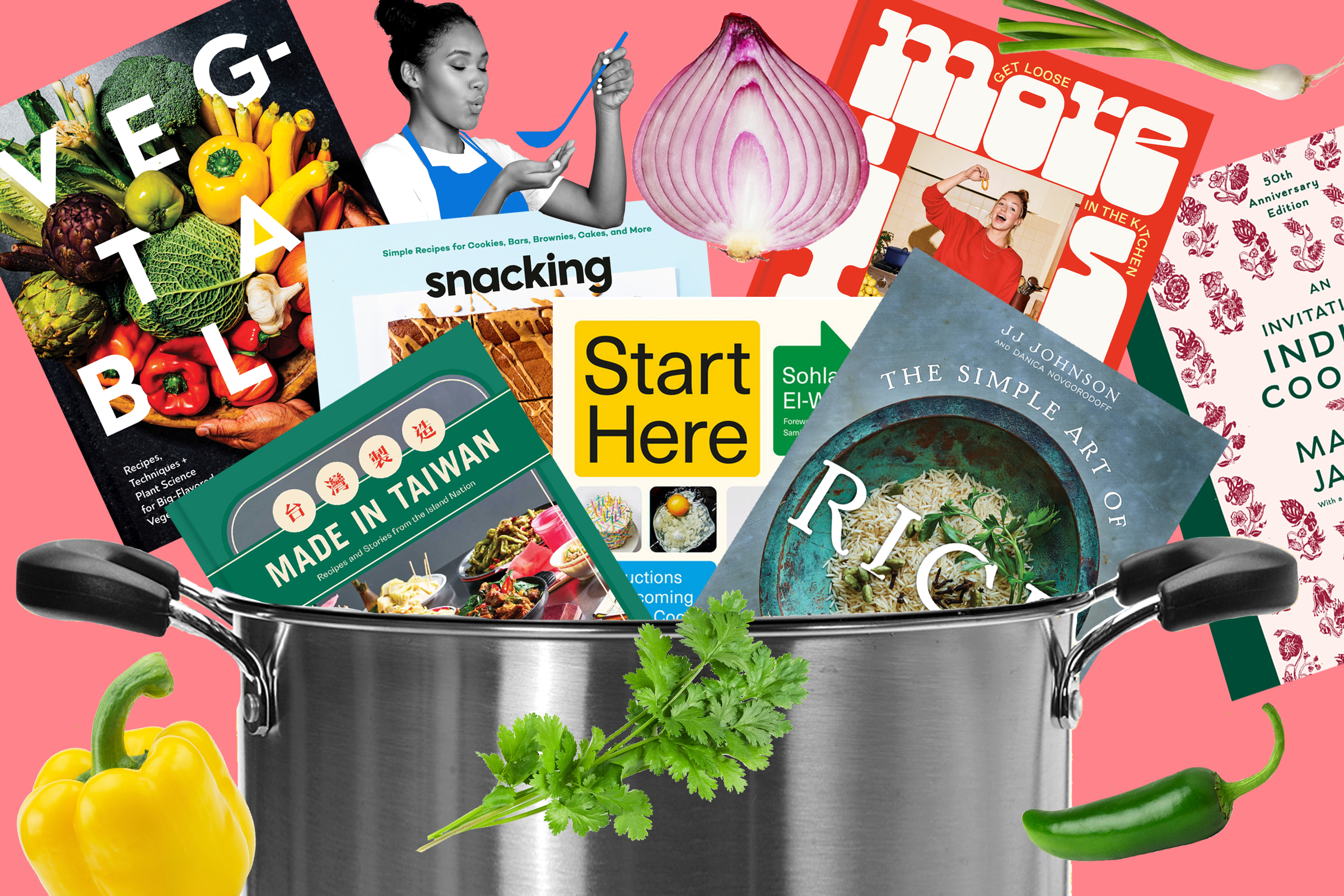 New cookbooks come out of a big stock pot, interspersed with herbs, peppers, and an onion. Collage illustration. 