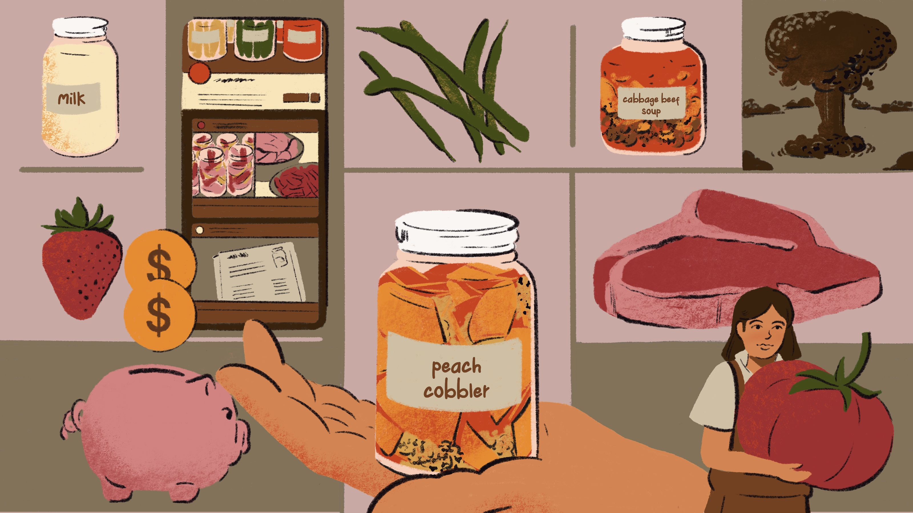 A grid depicting canned milk, canned peach cobbler, and canned cabbage beef soup, along with a mushroom cloud, raw steak, piggy bank, and woman holding a giant tomato. Illustration.