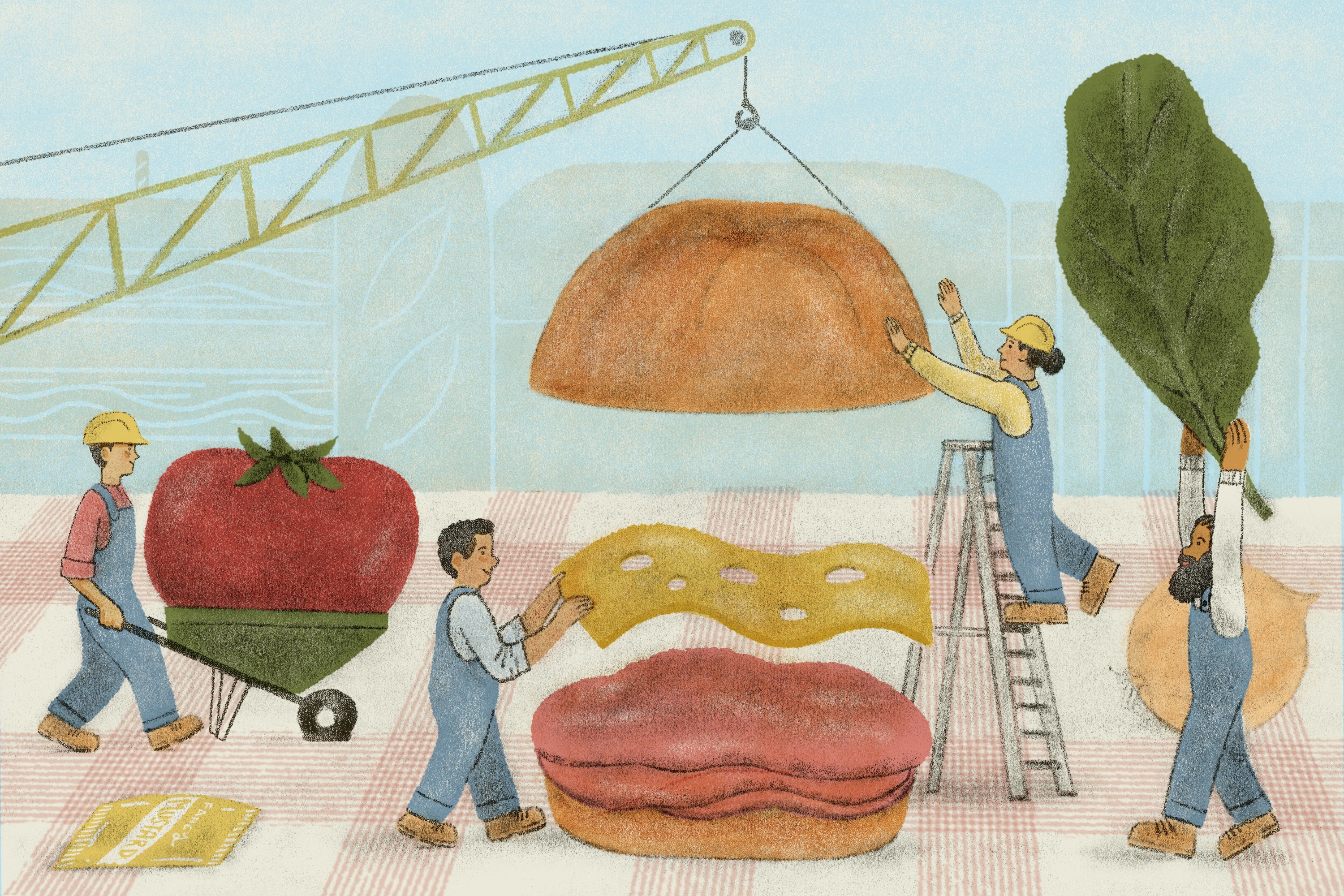 Whimsical illustration of construction workers assembling a sandwich, with a bread bun on a crane.