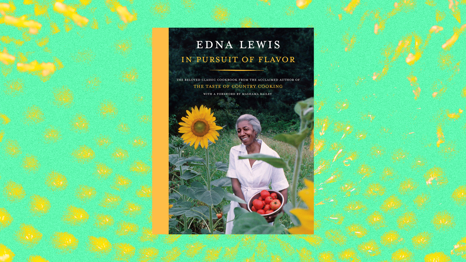 The cover of Edna Lewis’s In Pursuit of Flavor, superimposed over a bright green background. Photo illustration.