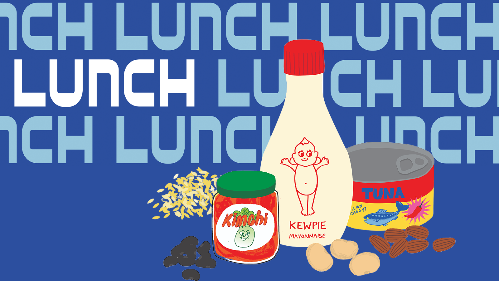 An illustration featuring a jar of kimchi, a bottle of Kewpie mayo, a tin of tuna, against a backdrop of the word “lunch.”