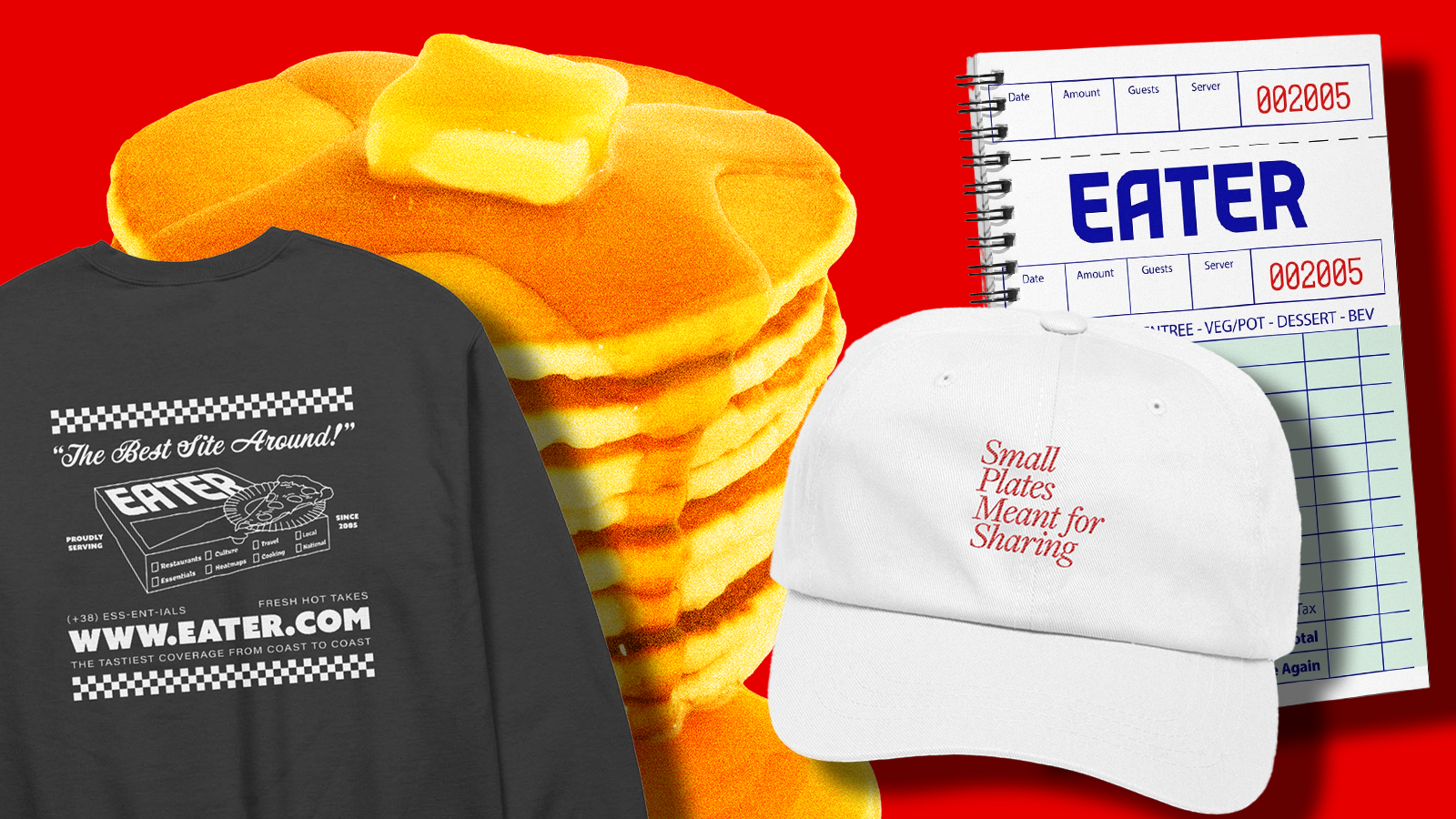 A collage of products including a hat, a shirt, a notebook, and pancake graphic.